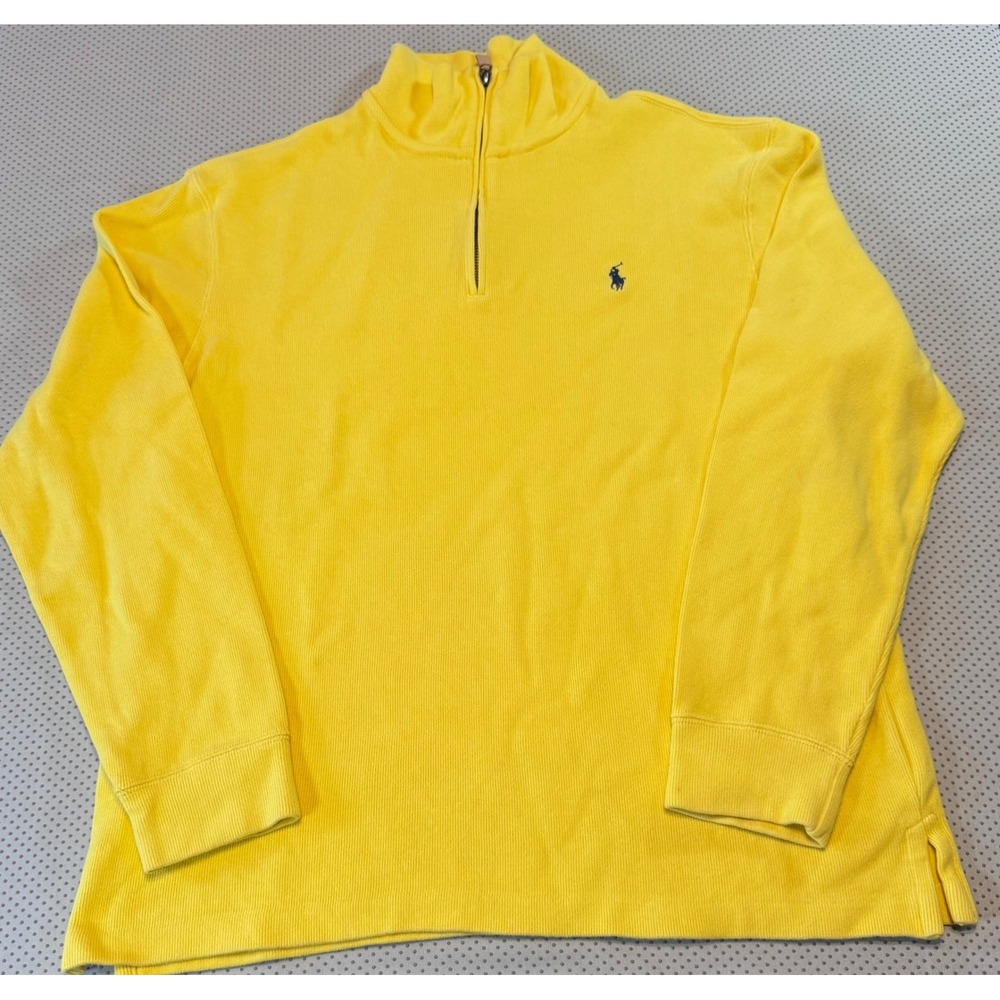 Polo Ralph Lauren Mens Yellow Ribbed Cotton Quarter Zip Pullover Sweater Large